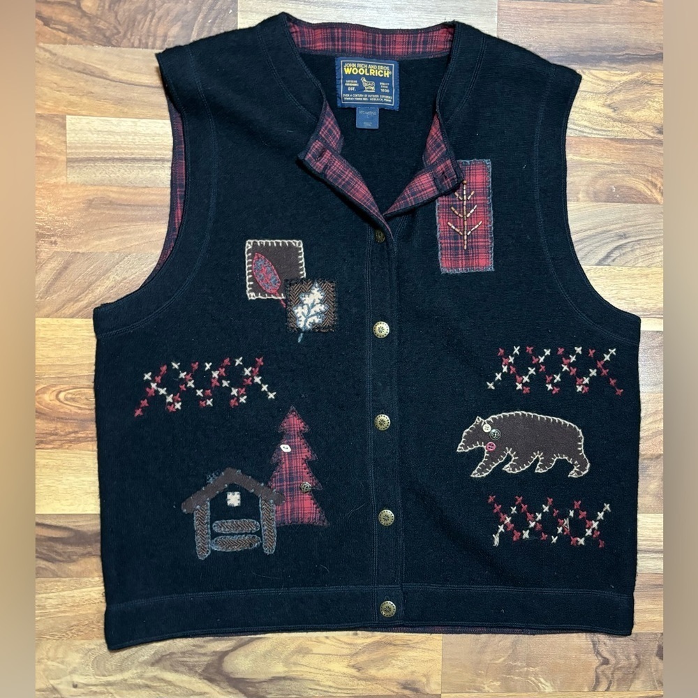 Woolrich 100% Boiled Wool Button Front Vest Sleeveless Cabin Lodge Black Size L